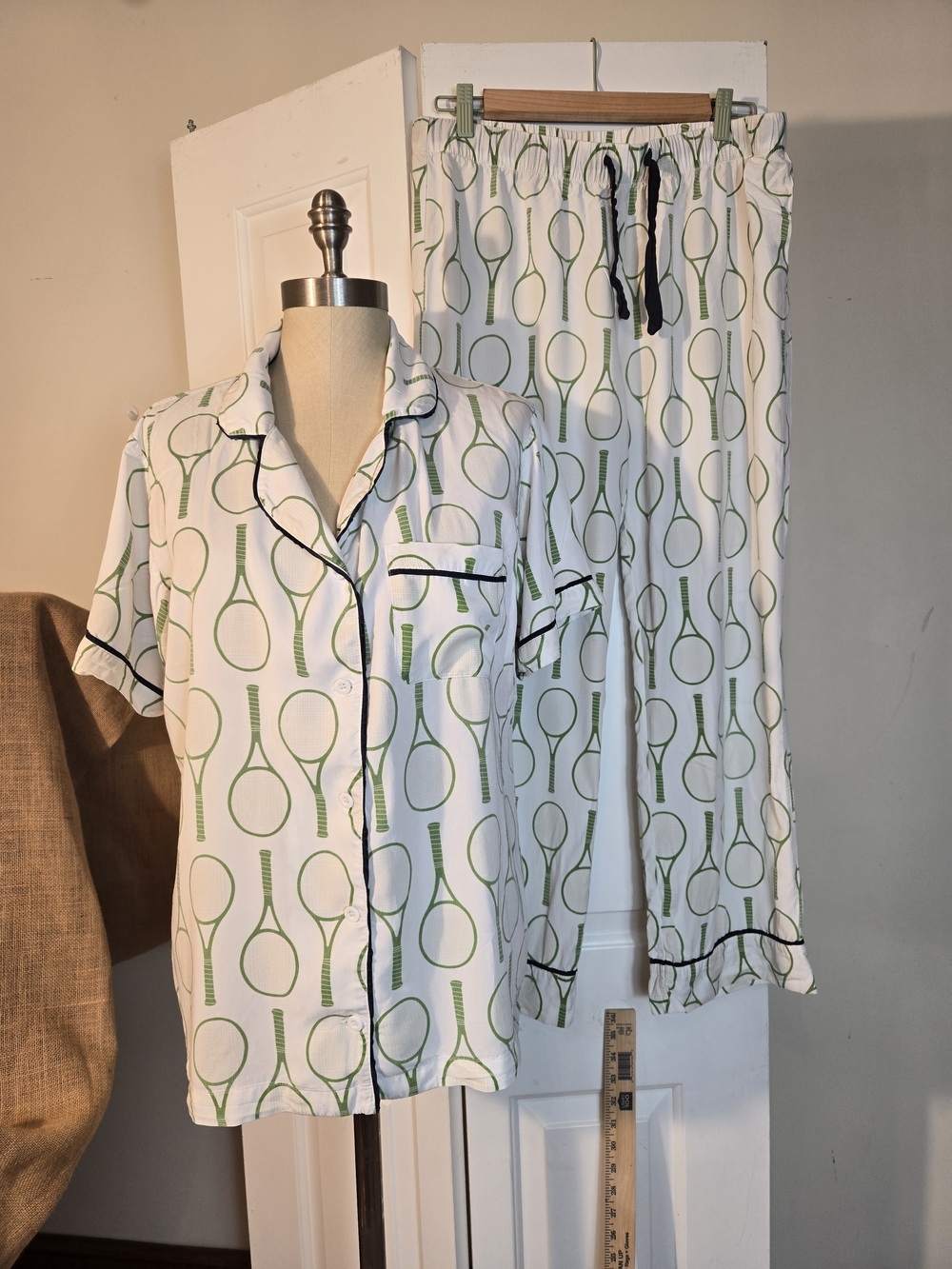 KATIE KIME Tennis Time Women's White & Green Tennis-Print Pajama Set